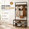 Porte-manteau 3-en-1 en métal et bois avec 8 crochets, banc et étagères à chaussures