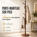Porte-manteau sur pied marron avec plusieurs crochets et base ronde stable